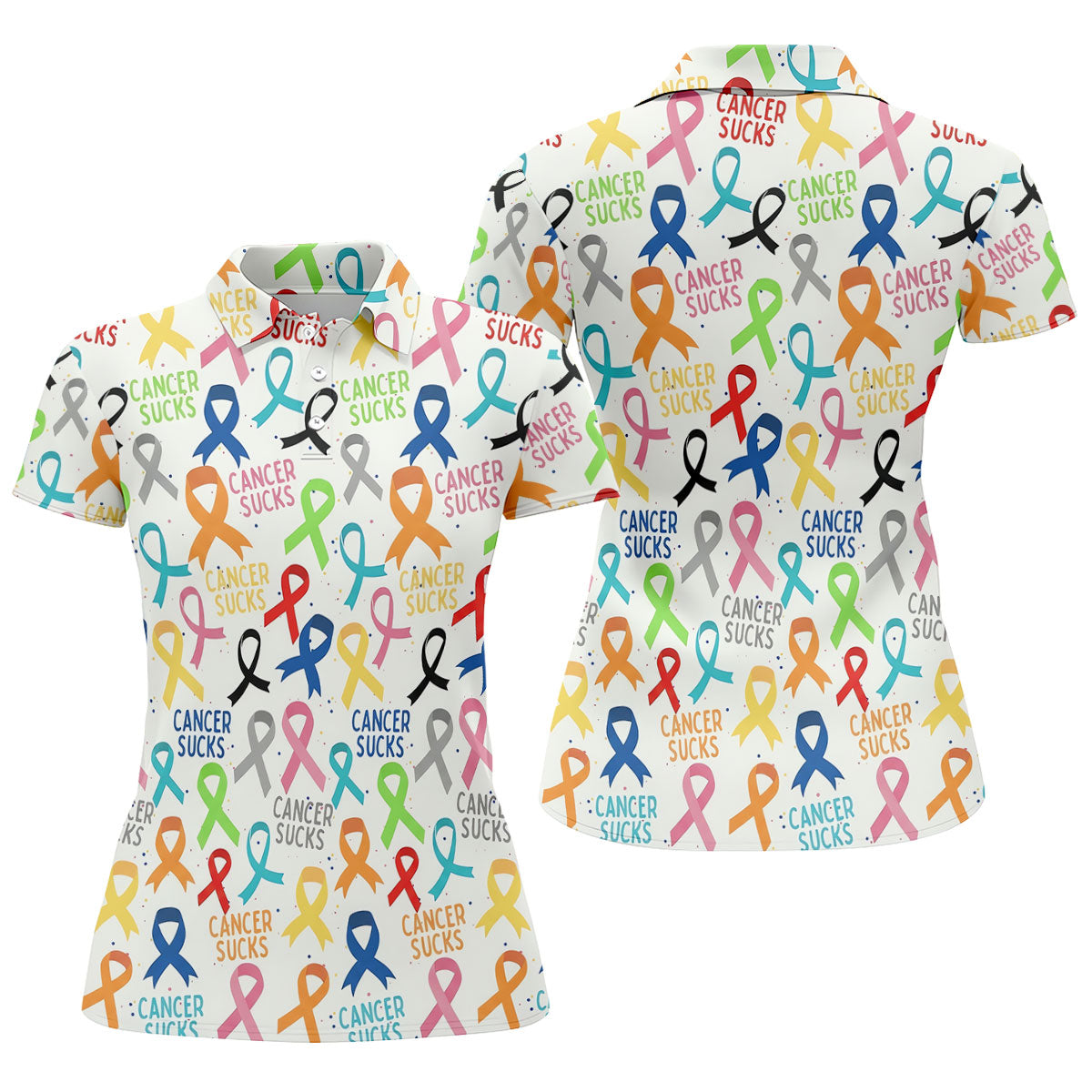 Cancer Sucks Multicolor Awareness Ribbon Polo Shirt, Ladies Golf Tops, Women’s Golf Polo