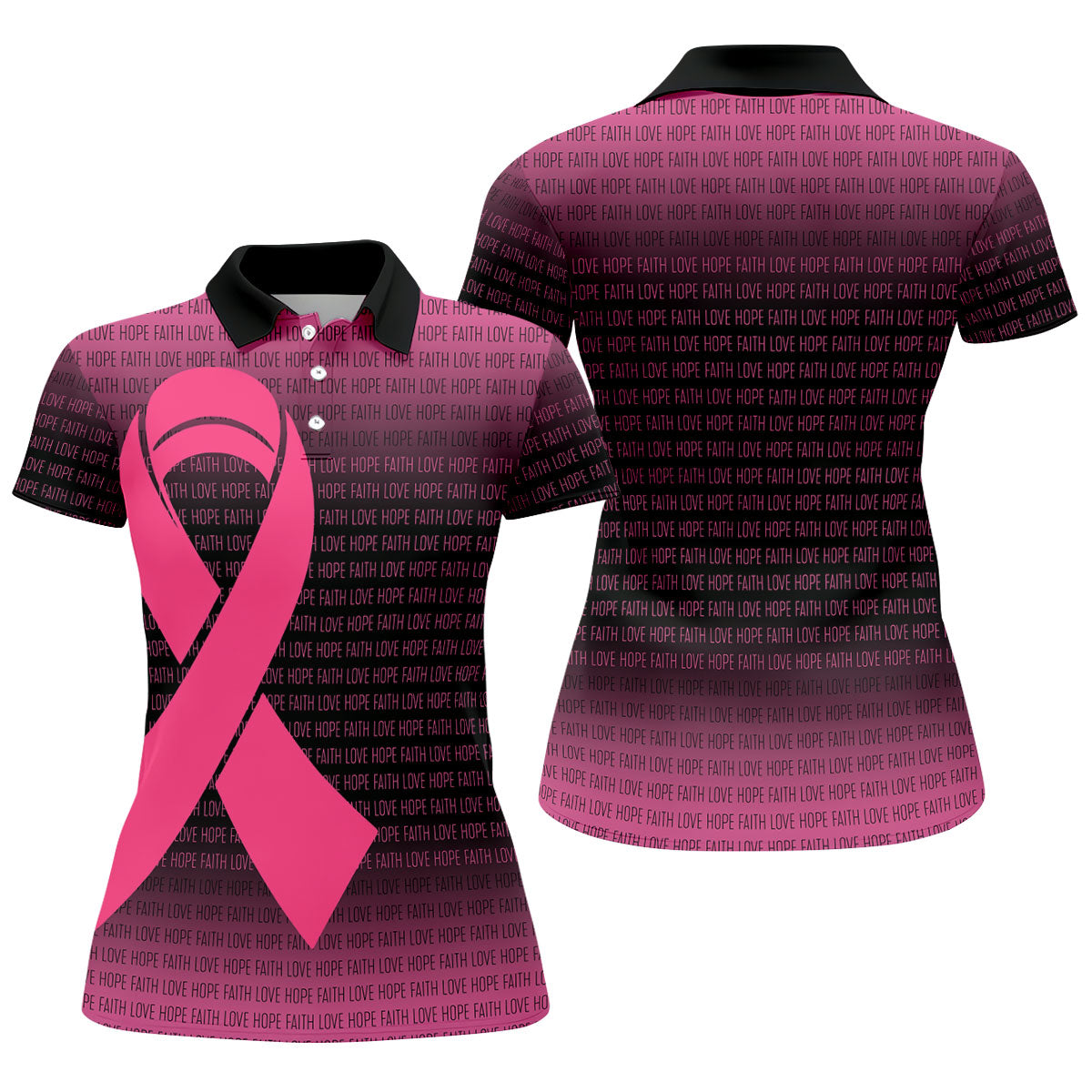 Faith Love Hope Pink Ribbon Breast Cancer Polo Shirt, Ladies Golf Tops, Women’s Golf Polo