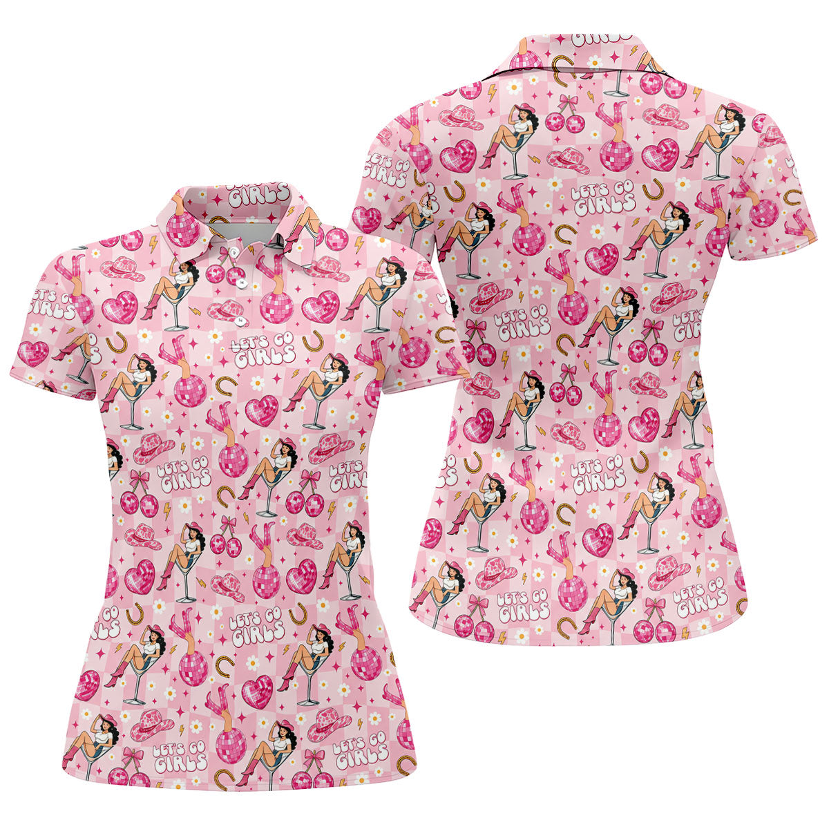 Let's Go Girls Pink Cowgirl Golf Polo Shirt, Ladies Golf Tops, Women's Golf Apparel