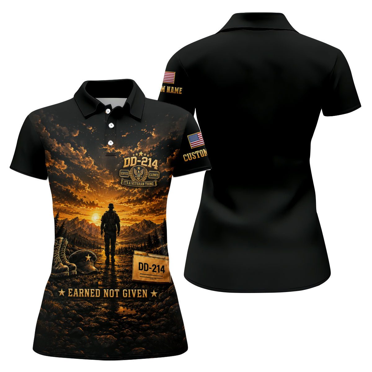 Custom DD-214 Sunset Soldier Golf Polo Shirt, Womens Golf Polo, Veterans Day Shirt