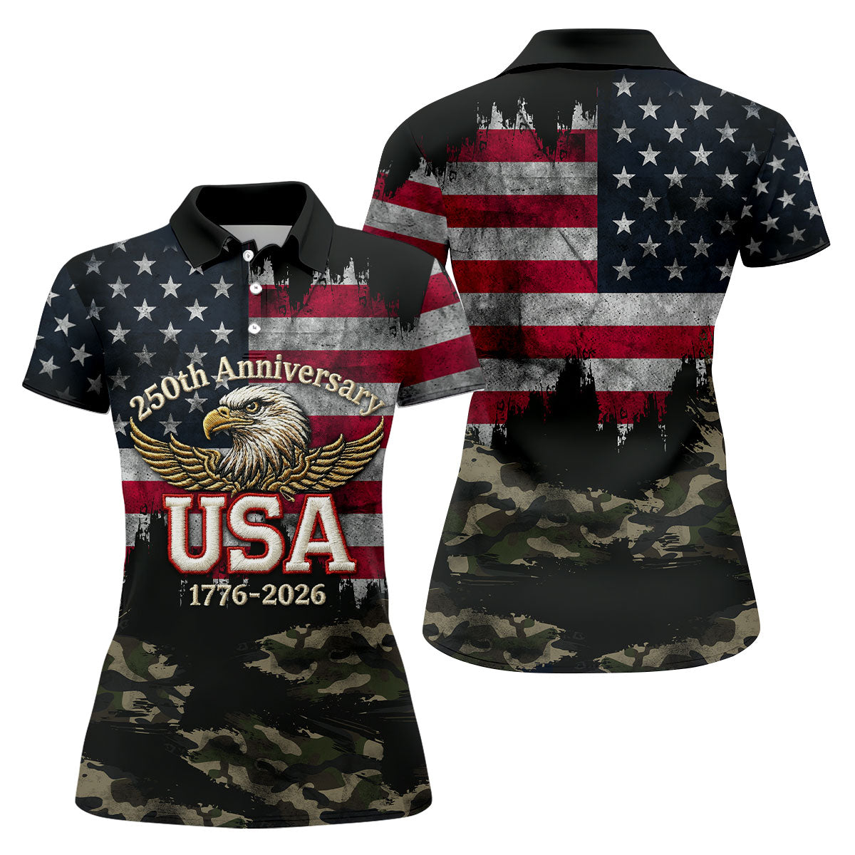 250th Anniversary Camo Golf Shirt, Distressed US Flag Patriotic 4th Of July Golf Shirt For Women