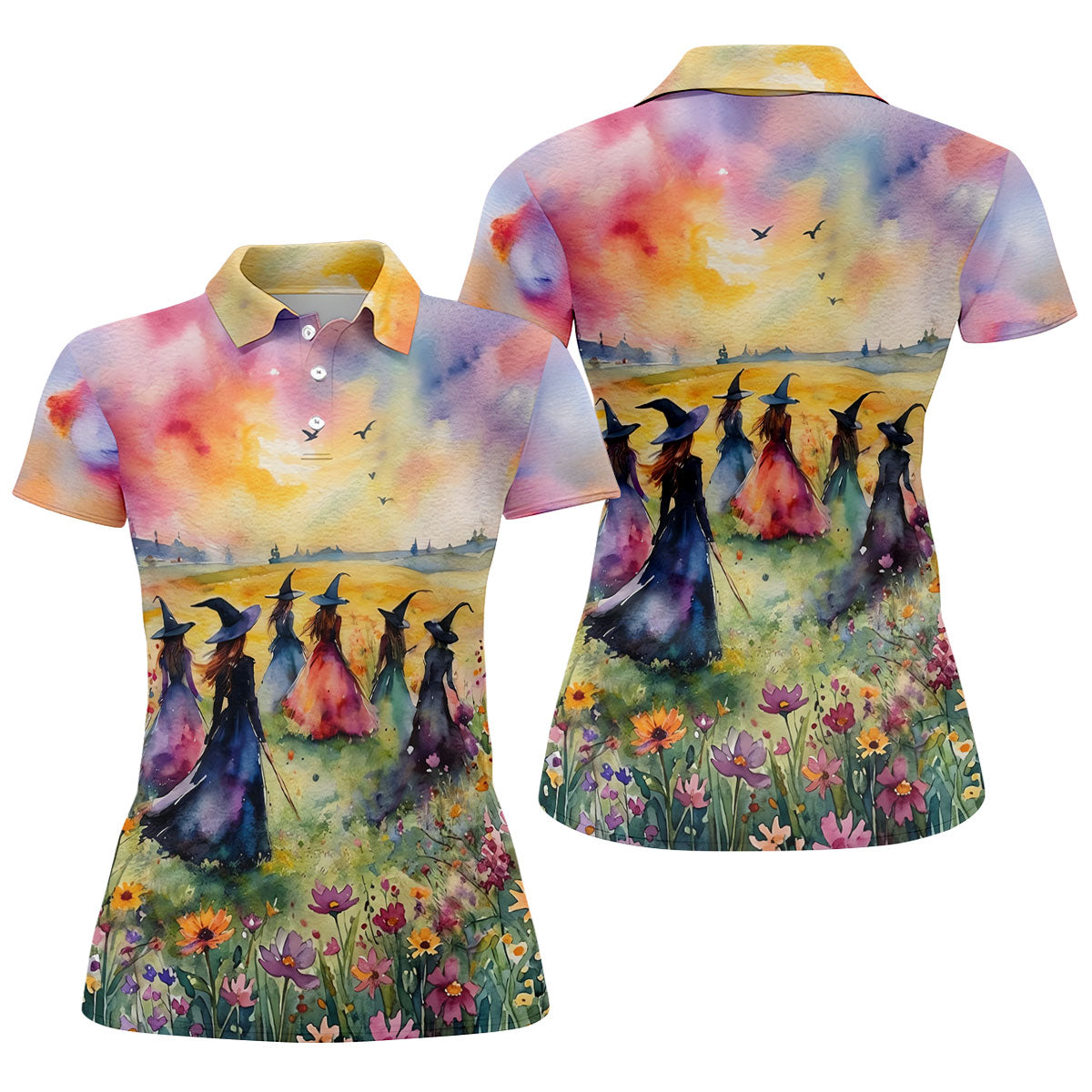 Watercolor Witch Gathering Halloween Golf Polo Shirt, Ladies Golf Tops, Women’s Golf Polo