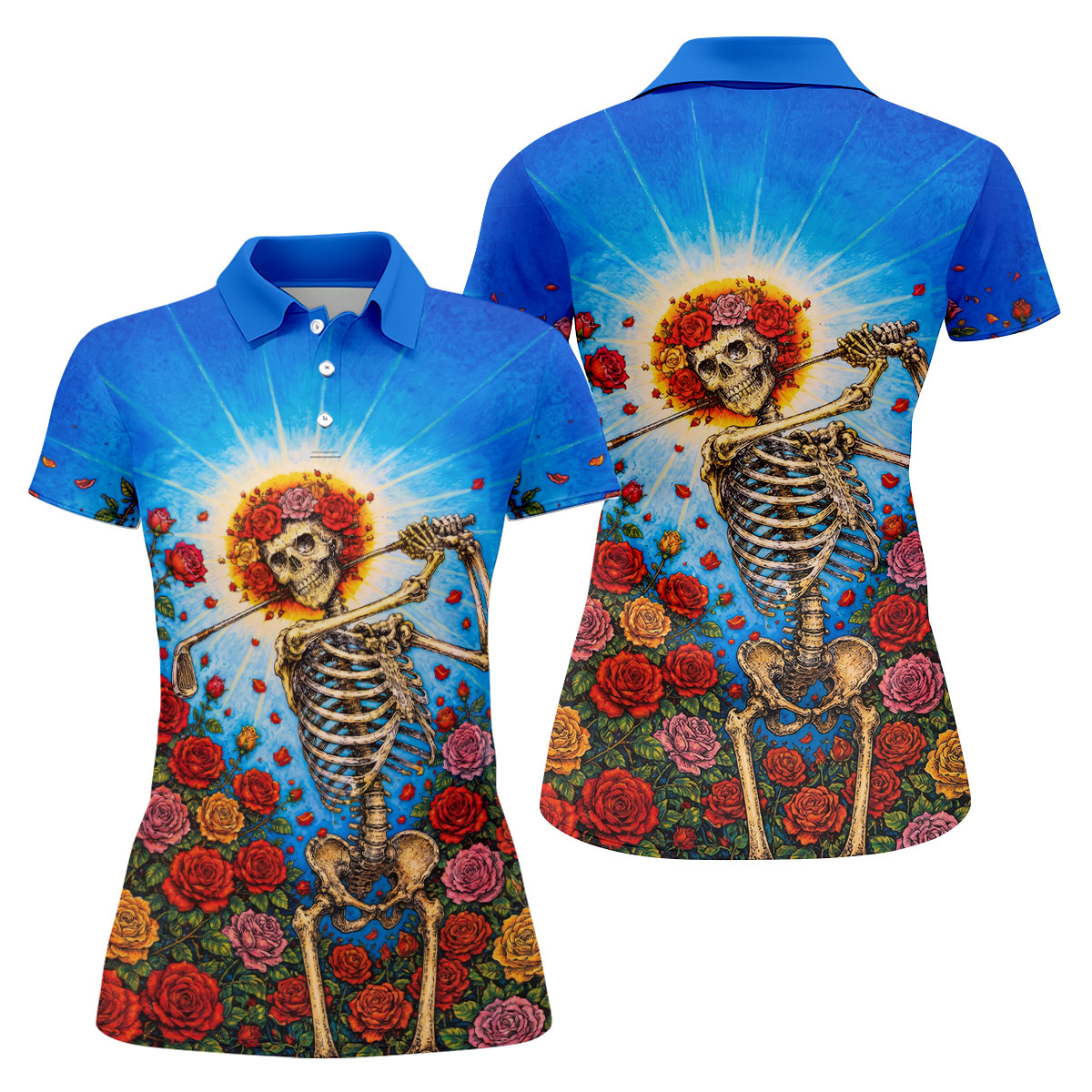 Skeleton Blowing Golf Club Halloween Polo Shirt, Women’s Golf Polo, Ladies Golf Top
