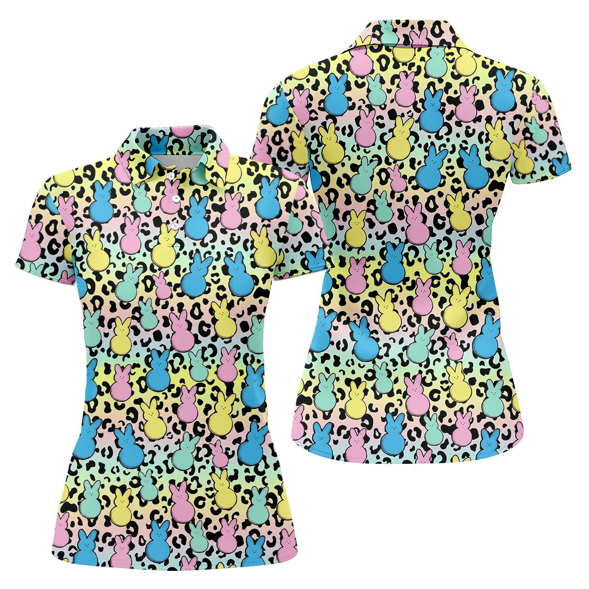 Pastel Easter Bunny Leopard Print Polo Shirt, Women’s Golf Apparel, Hawaiian Golf Shirt, Printed Golf Shirt