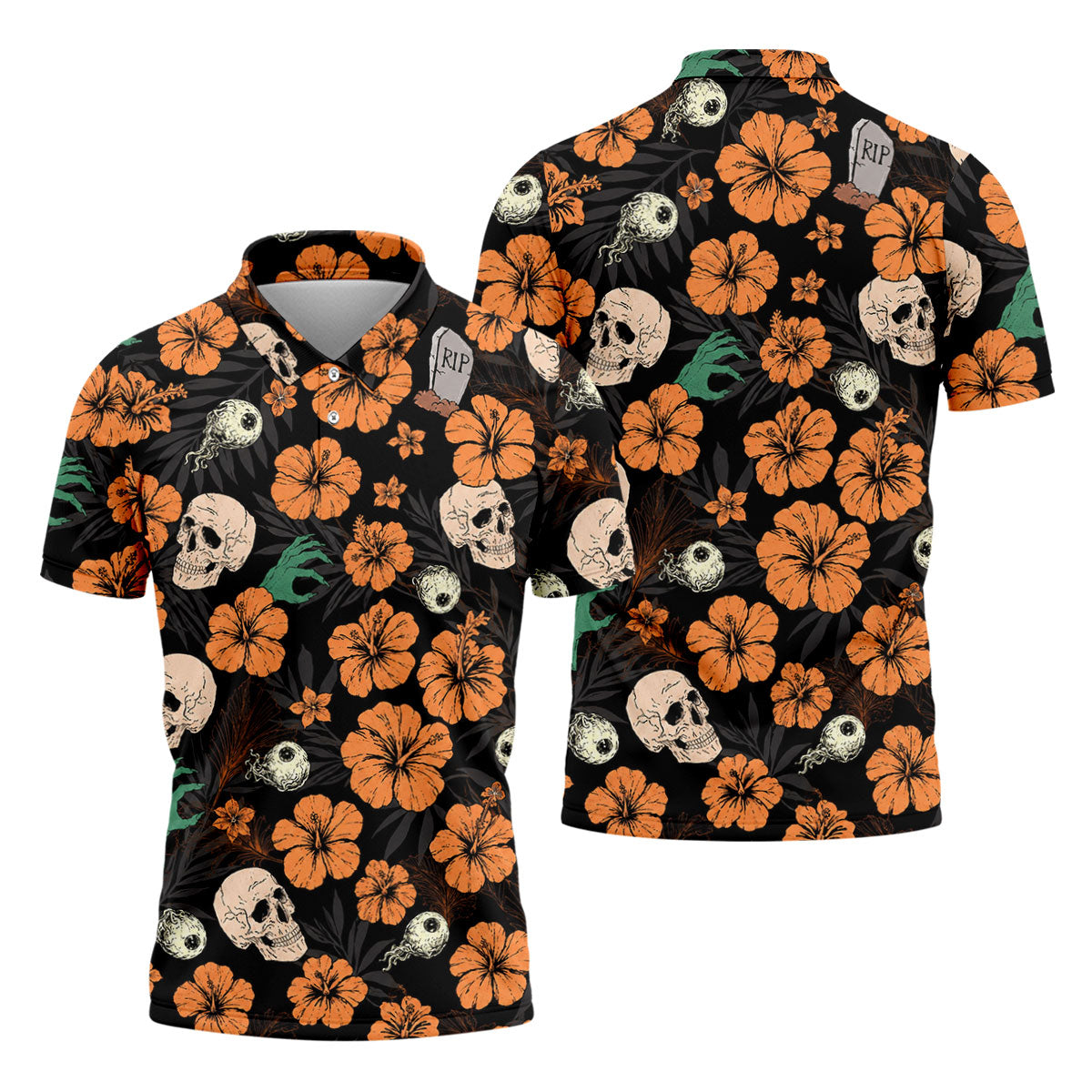 Halloween Skull Hibiscus Floral Pattern Golf Polo Shirt, Golf Polo Shirts For Men, Mens Golf Apparel