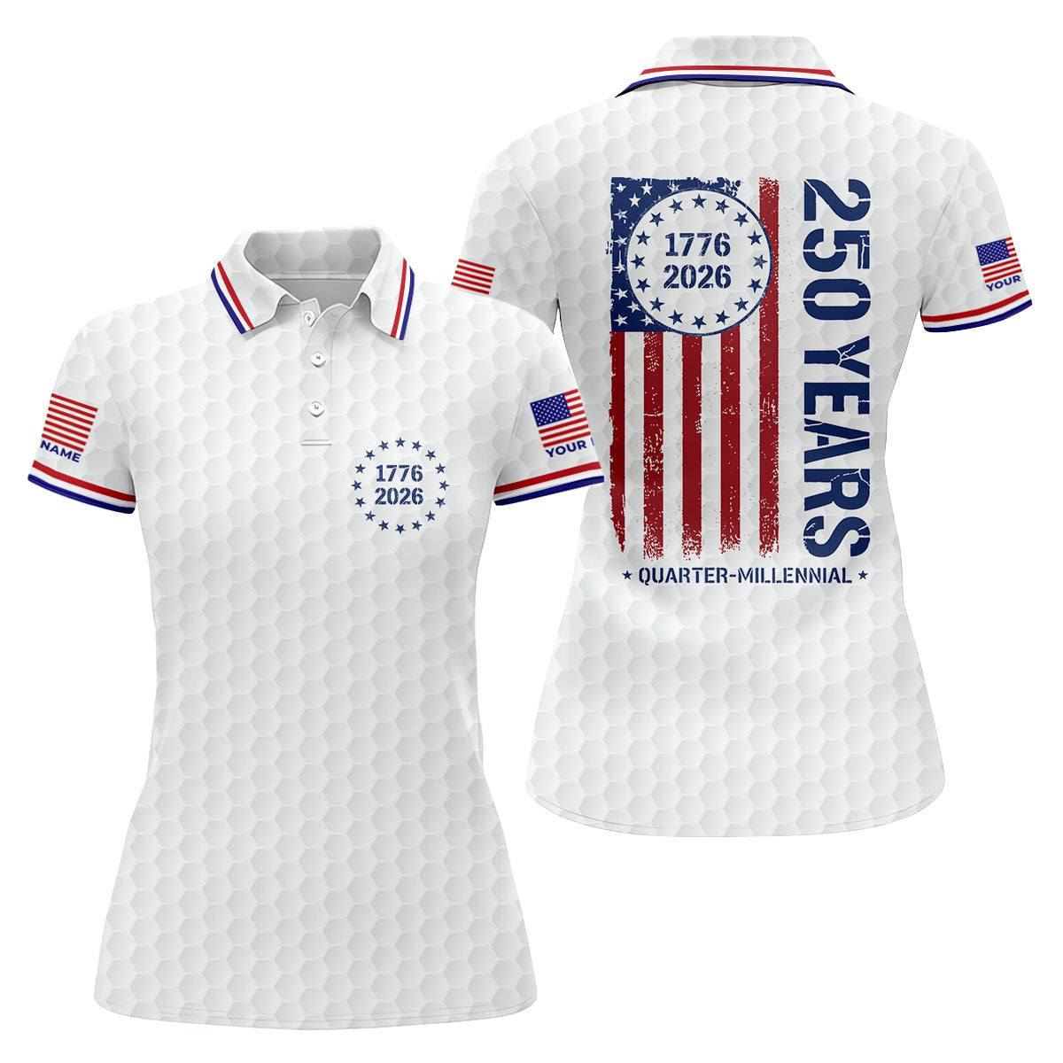 250 Years Quarter Millennnial Golf Ball Pattern White Patriotic Golf Shirt, 4th Of July Golf Shirt For Women