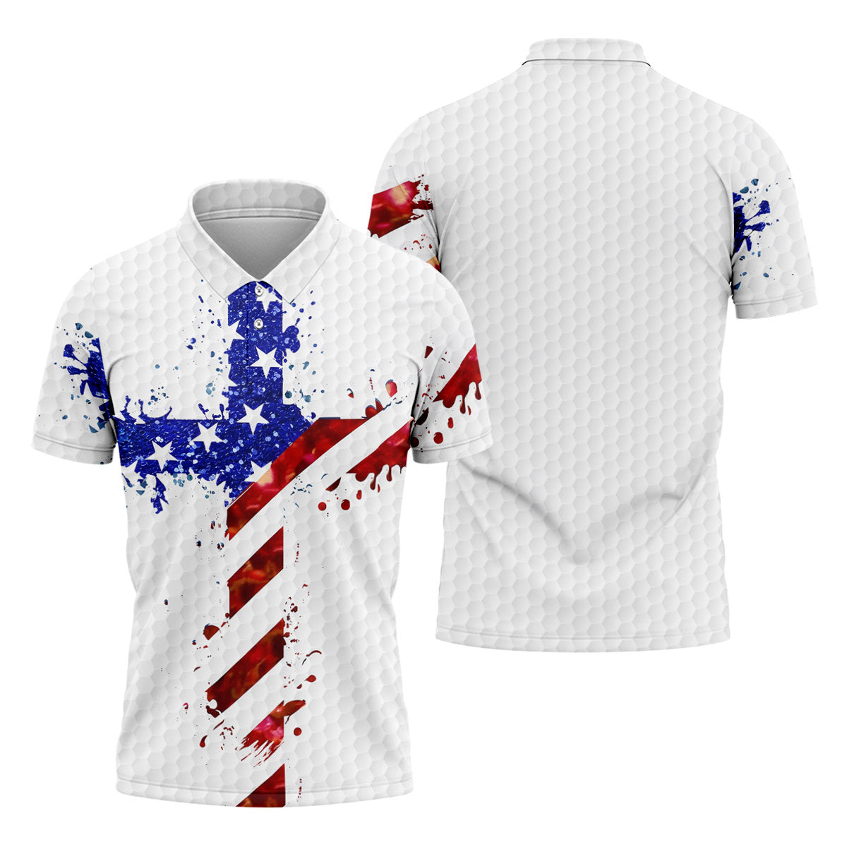 Red White Blue Paint Splash Faith Cross Patriotic Golf Shirt, 250 Years 4th Of July Golf Shirts For Men