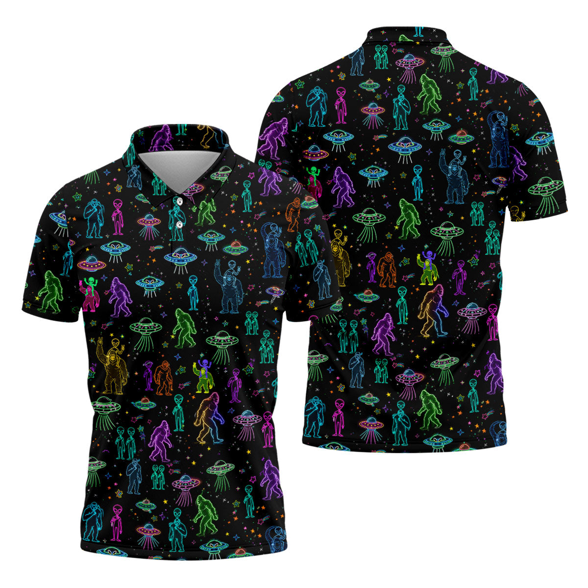 Neon Bigfoot Alien UFO Pattern Golf Polo Shirt, Men's Golf Shirt, Printed Golf Shirts