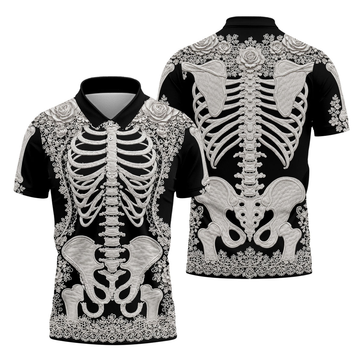 Floral Skeleton Halloween Golf Polo Shirt, Golf Shirts For Men, Mens Golf Apparel