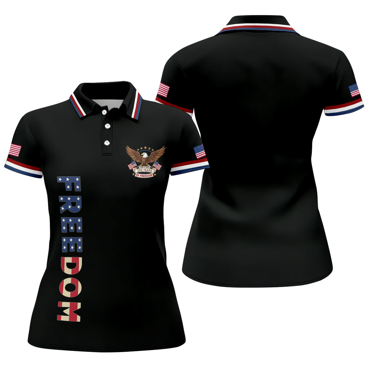 250 Years Of Freedom US Flag Logo Black Golf Shirt, Patriotic 4th Of July Golf Shirt For Women