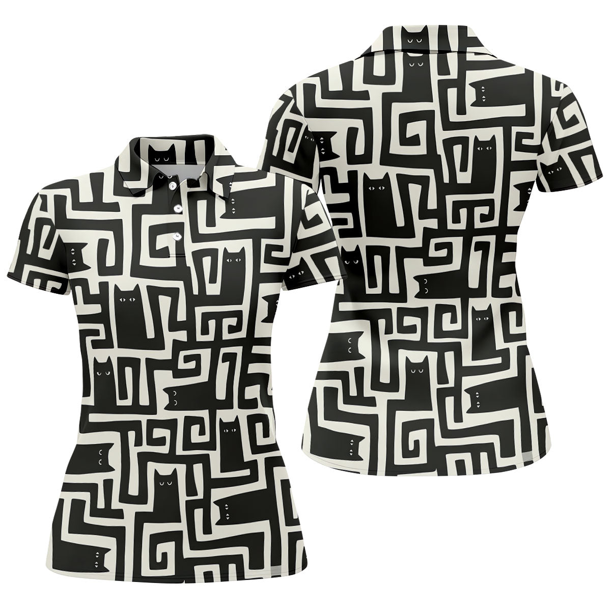 Minimalist Black Cat Maze Pattern Golf Polo Shirt, Women's Golf Tops, Golf Polo For Women