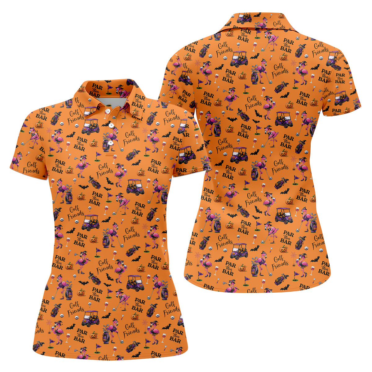 Orange Par Then Bar Flamingo Halloween Shirt, Golf Shirts For Women, Ladies Golf Tops