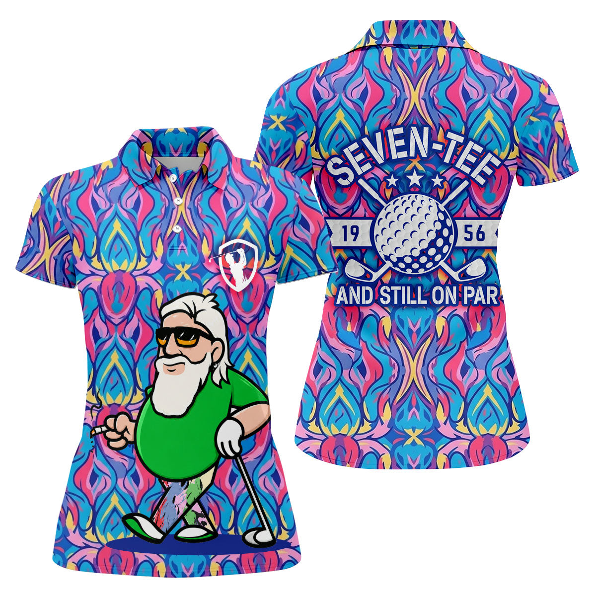 Colorful Psychedelic Santa Golfer Print Women's Golf Tops, Women’s Golf Apparel, Golf Polo For Women