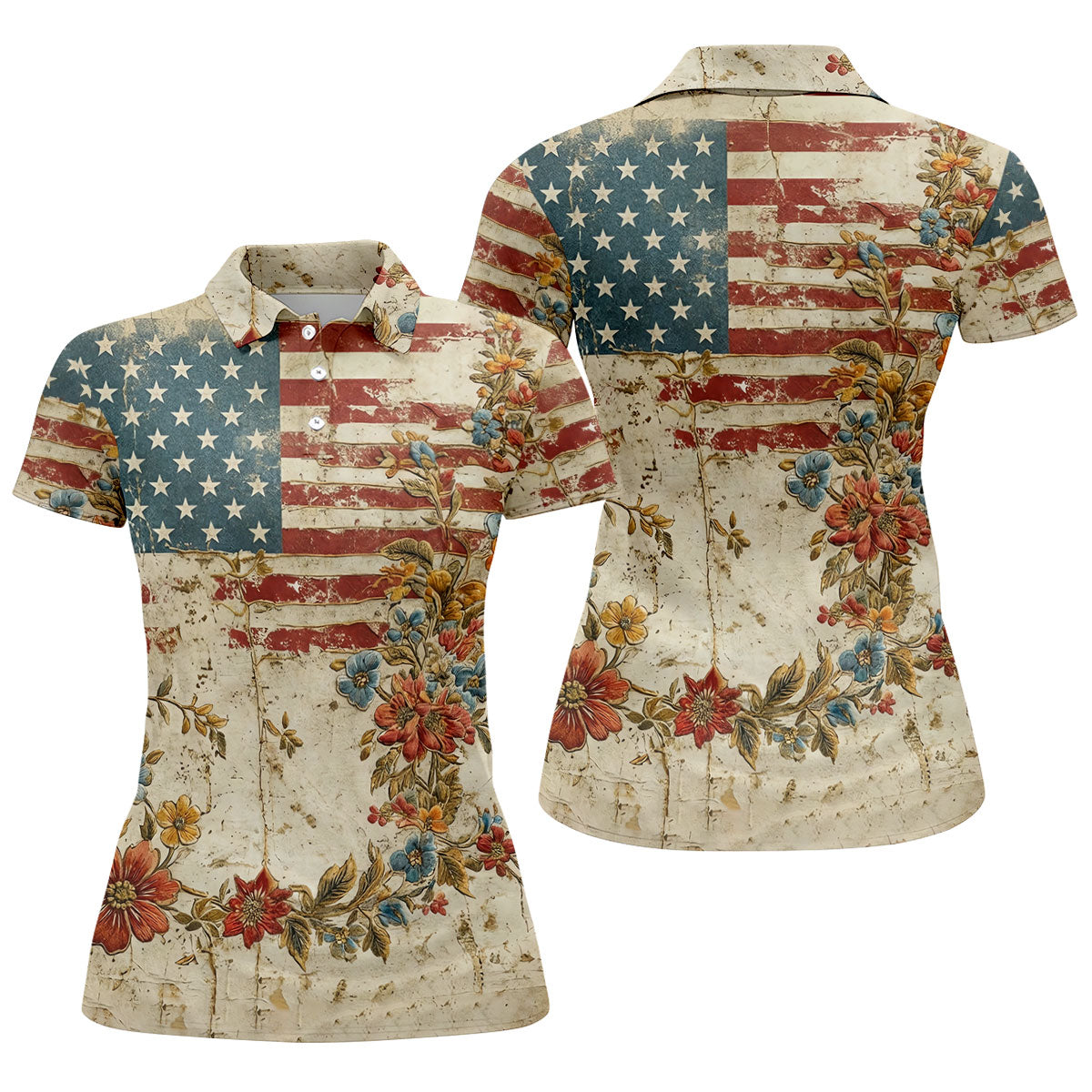 Floral American Flag Vintage Golf Shirt, 250 Years Patriotic 4th Of July Golf Shirt For Women