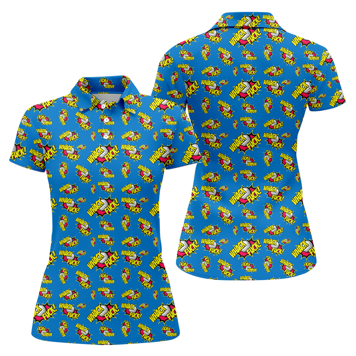 Whack Fuck Comic Golf Ball Pattern Golf Shirt, Women's Golf Tops, Golf Shirts For Women