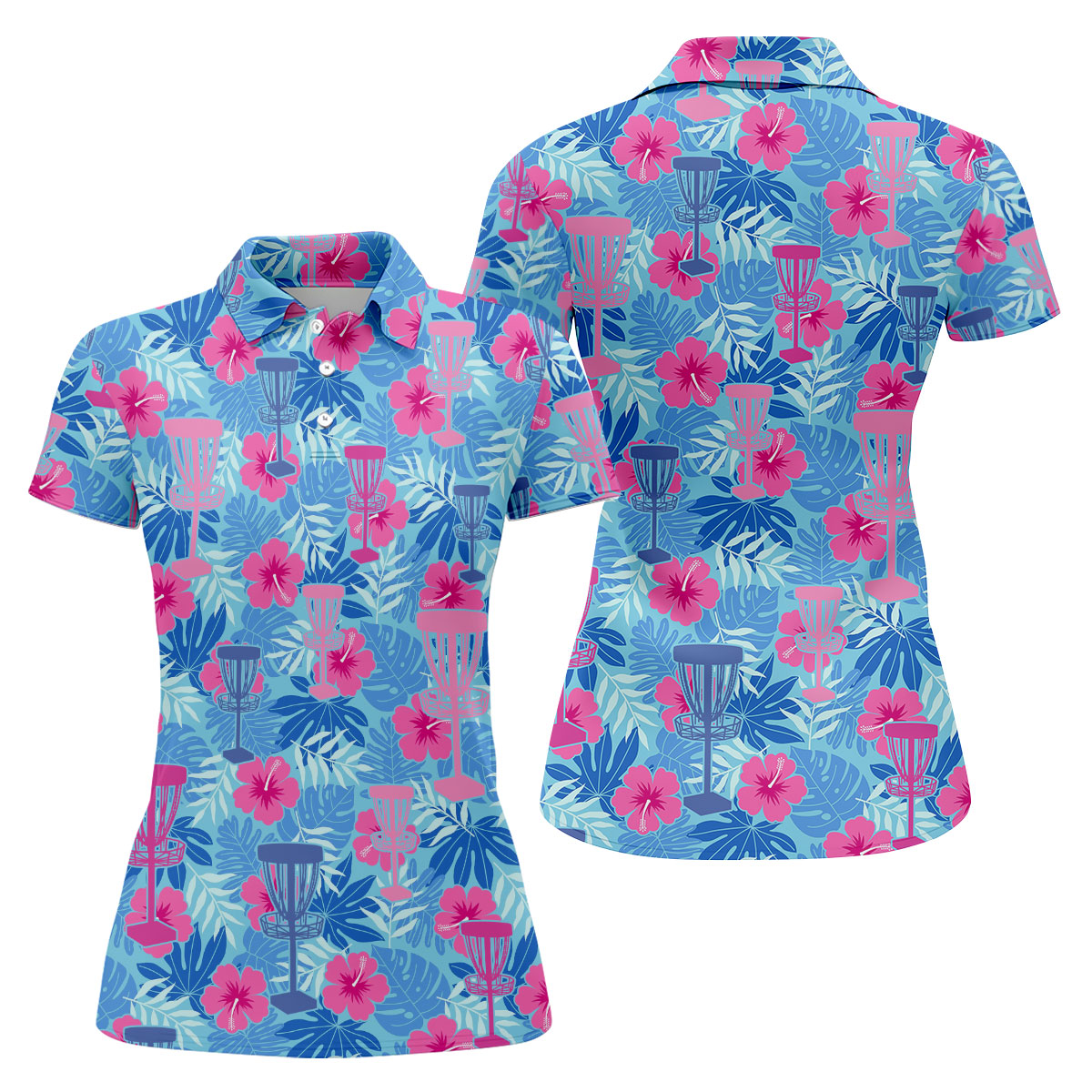 Blue Hibiscus Disc Golf Polo Shirt, Golf Tops For Women, Women’s Golf Polo