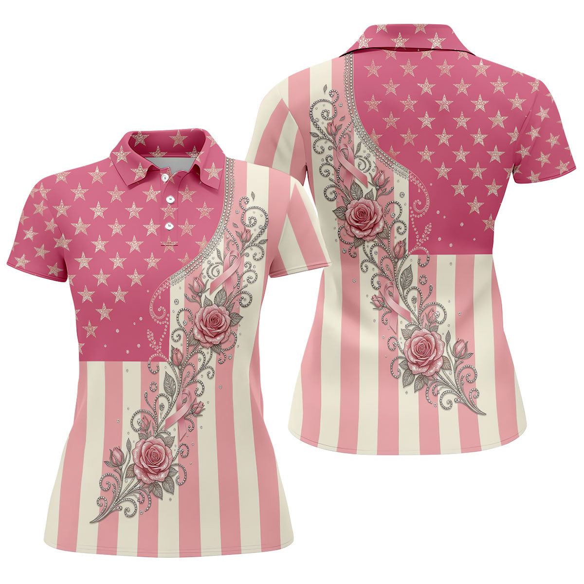 Pink Stars Stripes Rose Breast Cancer Polo Shirt, Women’s Golf Polo, Ladies Golf Shirts