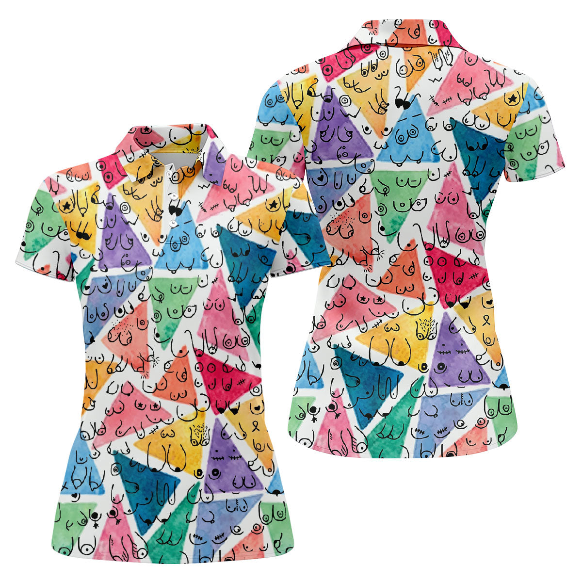 Multicolor Abstract Boob Pattern Golf Polo Shirt, Golf Tops For Women, Ladies Golf Shirt