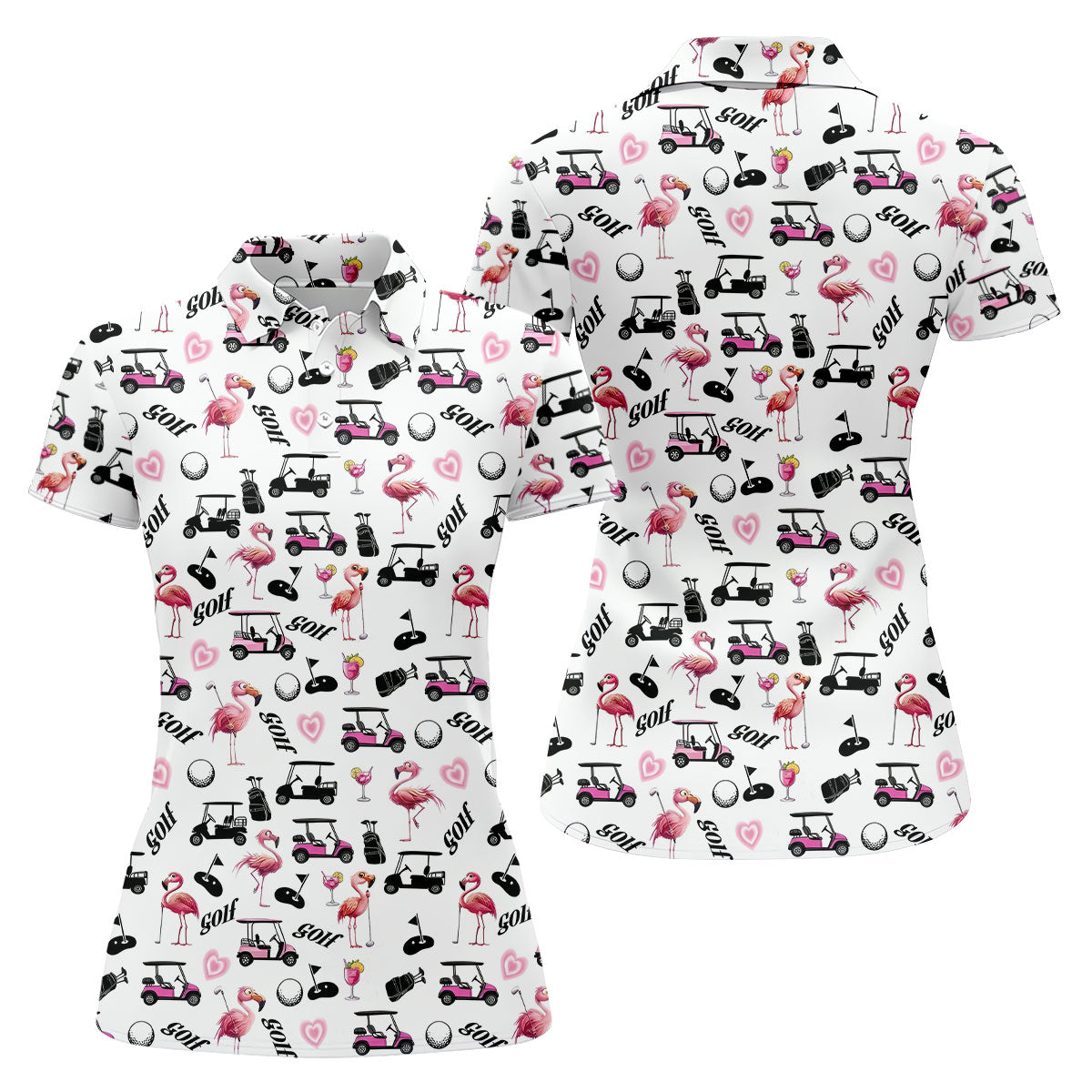 Pink Flamingo Golf Cart Martini Hawaiian Golf Shirt, Women’s Golf Polo, Ladies Golf Shirts
