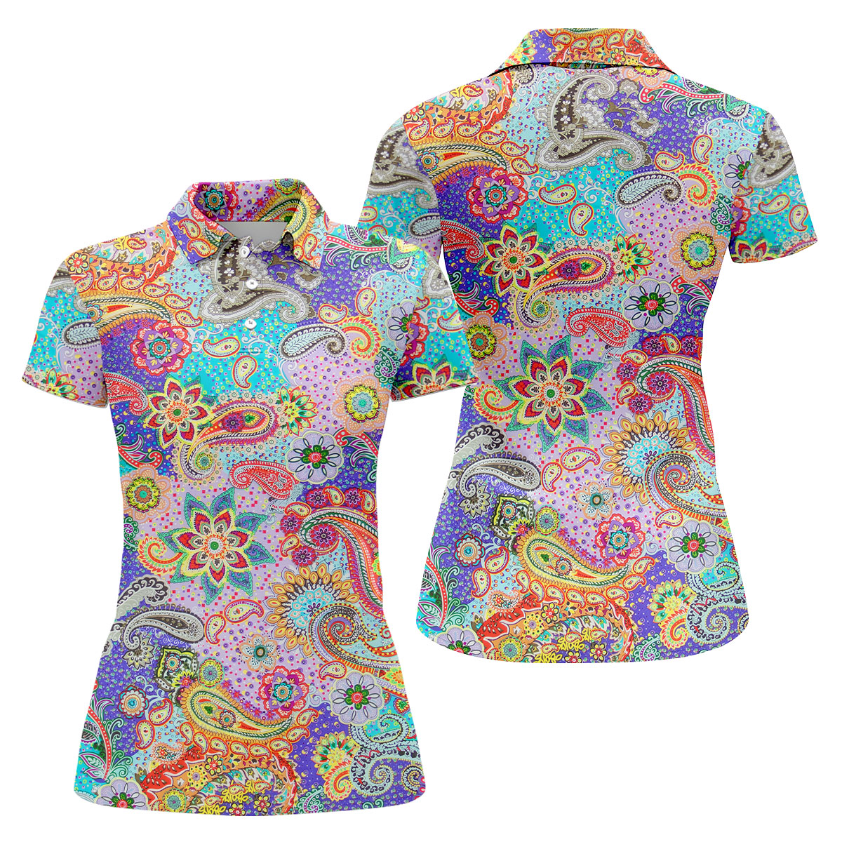 Vibrant Paisley Floral Patchwork Golf Polo Shirt, Ladies Golf Shirt, Golf Tops For Women