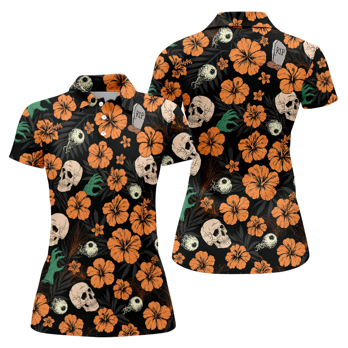 Halloween Skull Hibiscus Floral Pattern Golf Polo Shirt, Ladies Golf Shirts, Golf Polo For Women