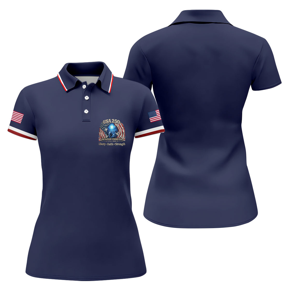 One Nation Under God Faith Cross USA 250 Logo Navy Golf Shirt, 4th Of July Golf Shirt For Women