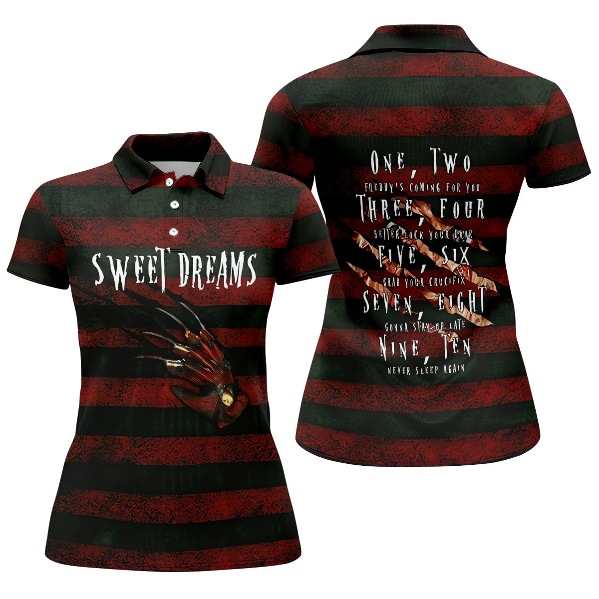 Sweet Dreams Freddy Horror Character Golf Polo Shirt, Ladies Golf Shirts, Women's Golf Polo
