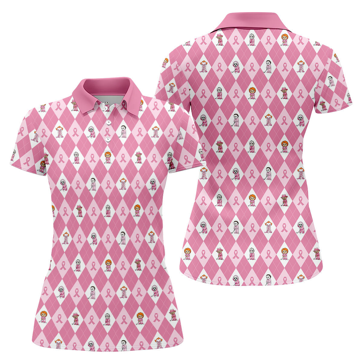 Pink Argyle Horror Character Breast Cancer Polo Shirt, Women's Golf Polo, Golf Tops For Women