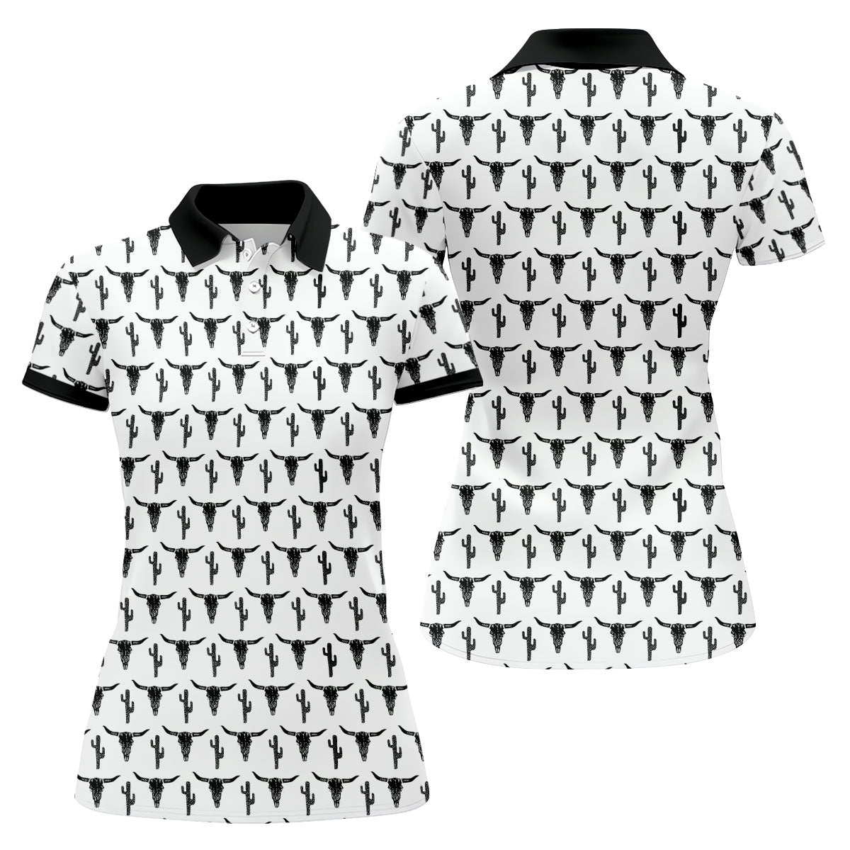 Longhorn Cow Skull Western Theme White Women Golf Top, Ladies Golf Shirts, Golf Shirt For Women