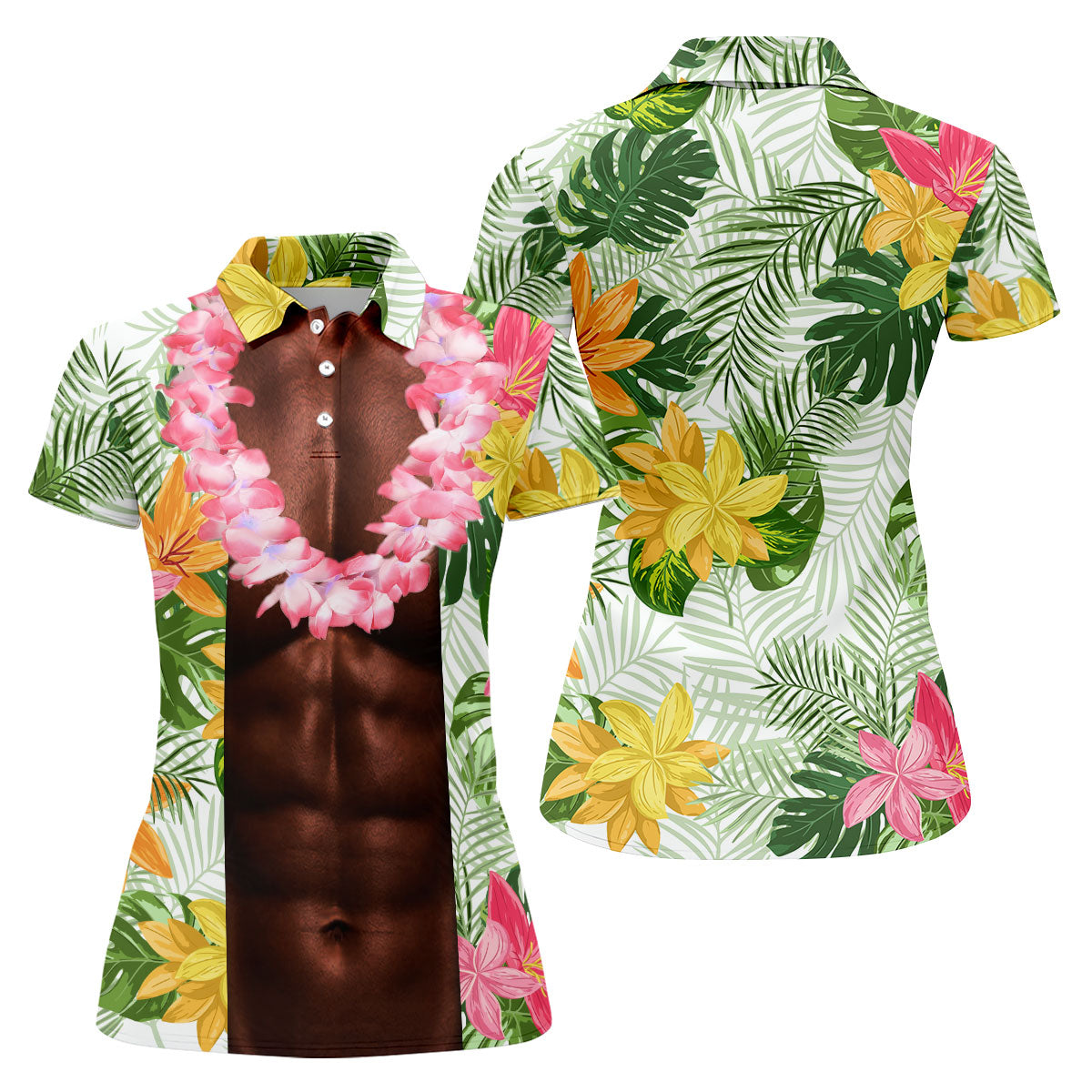 Dark Skin Tropical Muscle Chest Hawaiian Golf Polo Shirt, Ladies Golf Shirts, Golf Polo For Women