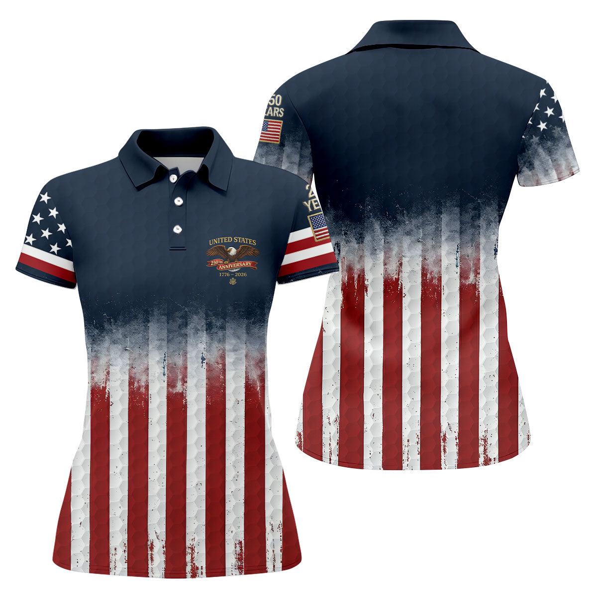 United States 250th Anniversary Distressed Flag Ladies Golf Shirts, Golf Ball Pattern Golf Shirt For Women