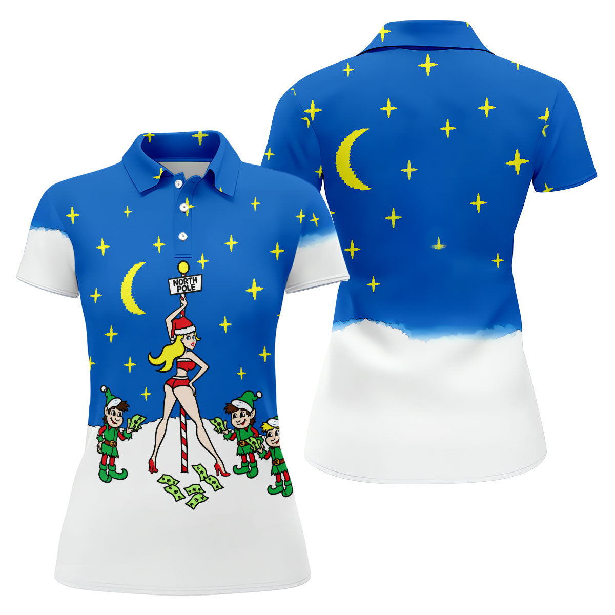 Funny North Pole Christmas Pin Up Polo Shirt, Women’s Golf Polo, Golf Tops For Women