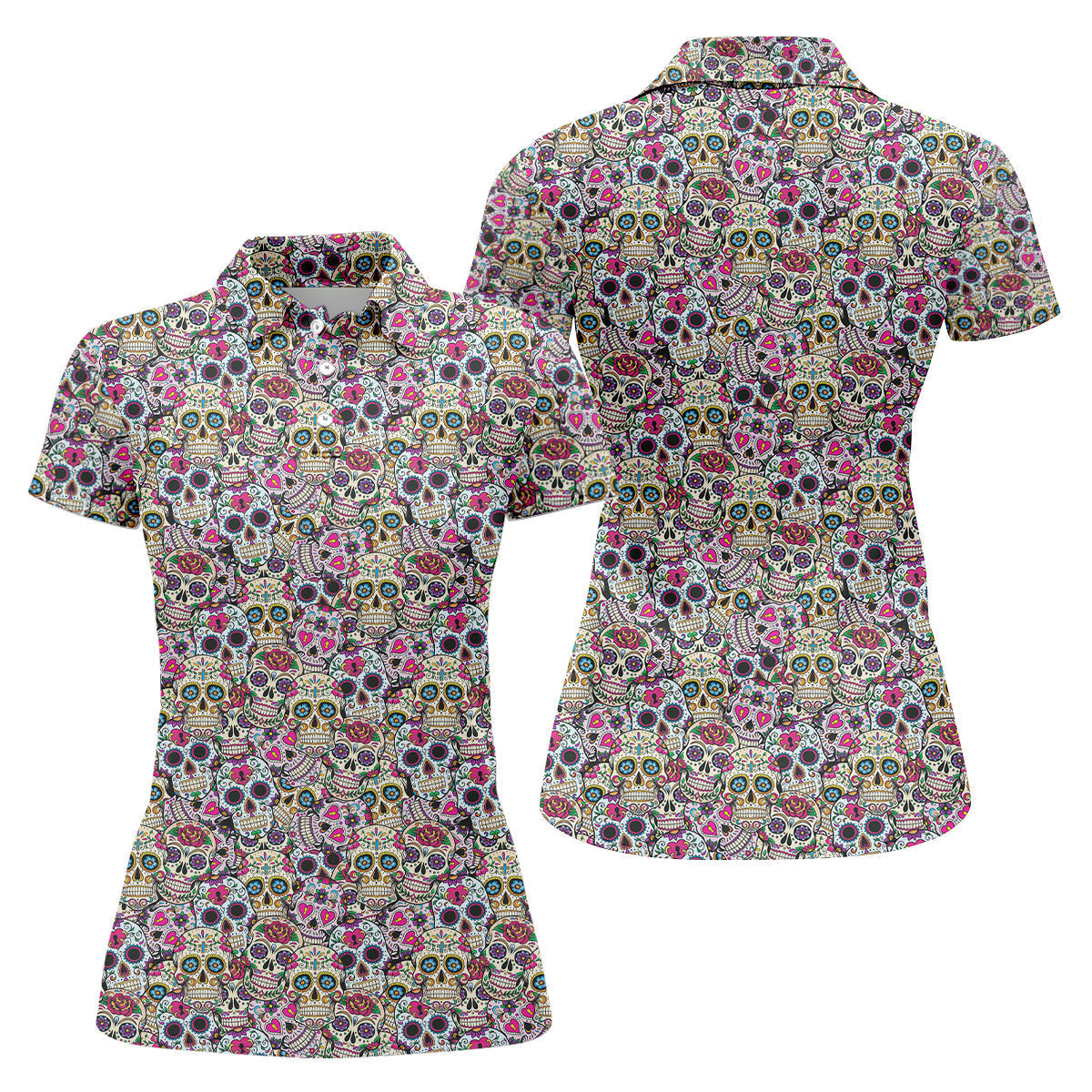 Colorful Sugar Skull Floral Golf Polo Shirt, Golf Shirts For Women, Women’s Golf Polo