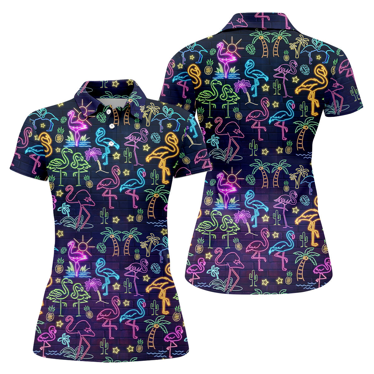 Neon Flamingo Tropical Night Golf Shirt, Women’s Golf Polo, Hawaiian Golf Shirt, Ladies Golf Tops