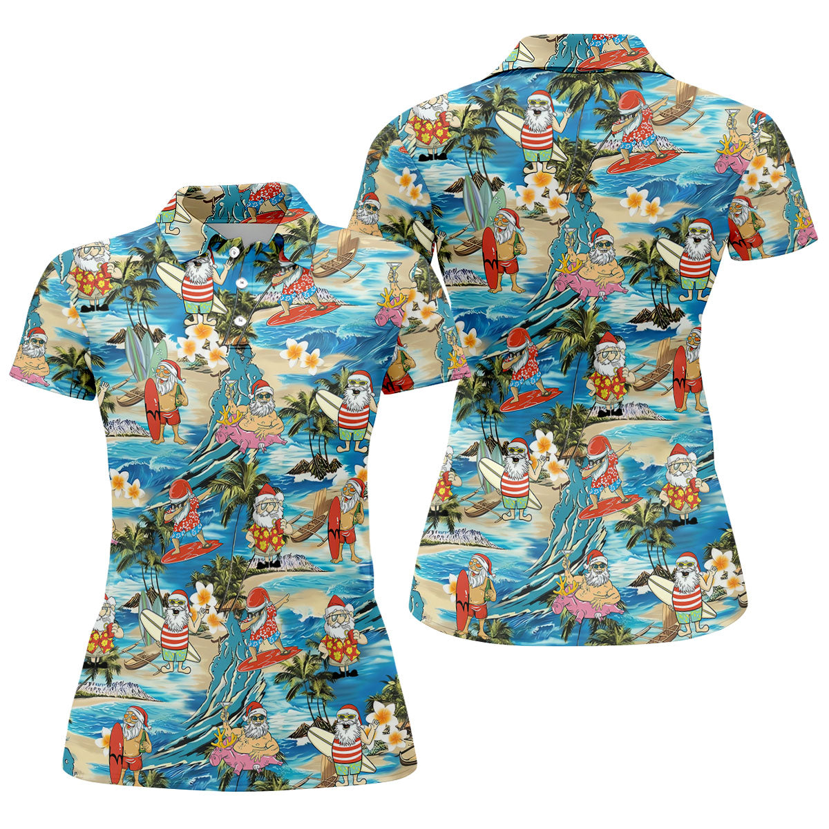 Women's Tropical Santa Surf Vacation Golf Shirt, Christmas Golf Shirt, Women’s Golf Apparel