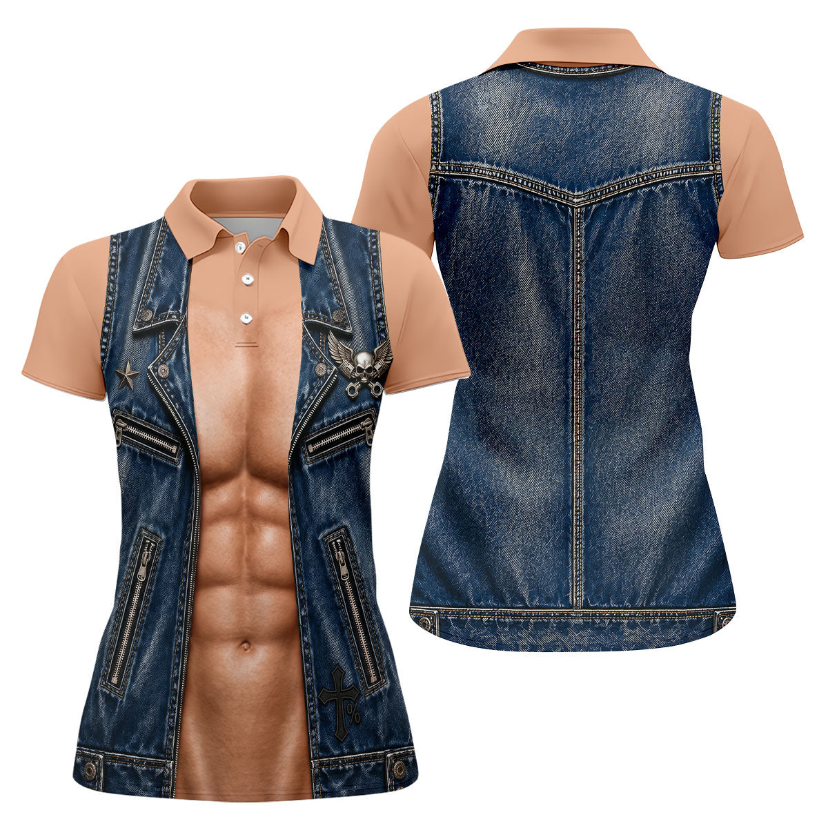 Blue Denim Vest Illusion Golf Polo Shirt, Ladies Golf Tops, Golf Polo For Women