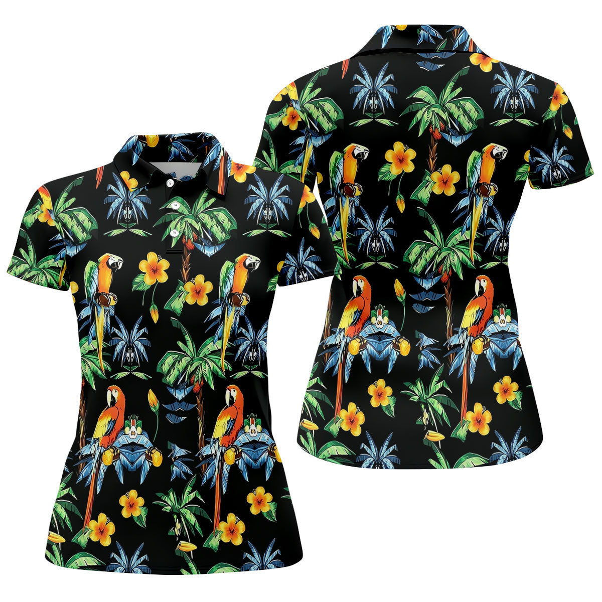 Black Tropical Parrot Palm Flower Pattern Golf Shirt, Women’s Golf Polo, Ladies Golf Shirts, Golf Tops For Women