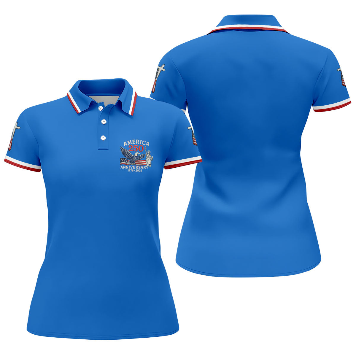 Faith Cross Bald Eagle America 250 Anniversary Blue Patriotic Golf Shirt, Golf Shirt For Women