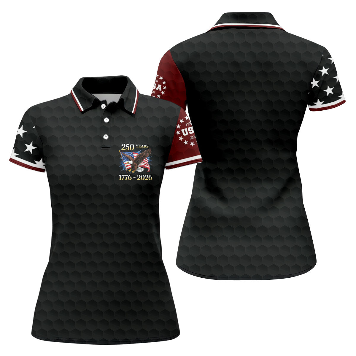 250 Years Bald Eagle US Flag Golf Shirt, Patriotic 4th Of July Golf Ball Pattern Golf Shirt For Women