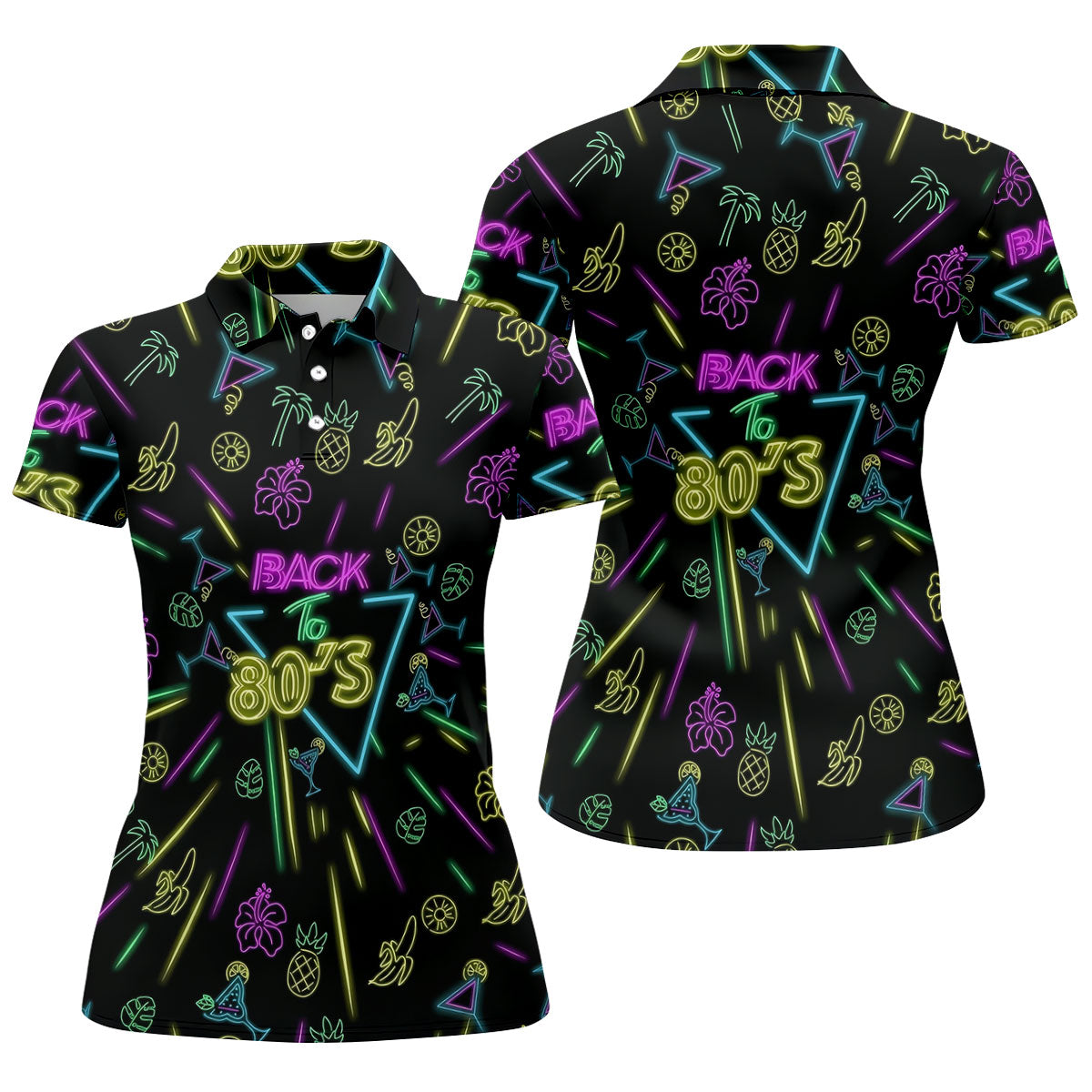 Back To 80's Neon Pattern Hawaiian Golf Shirt, Tropical Vibe Golf Shirt For Women