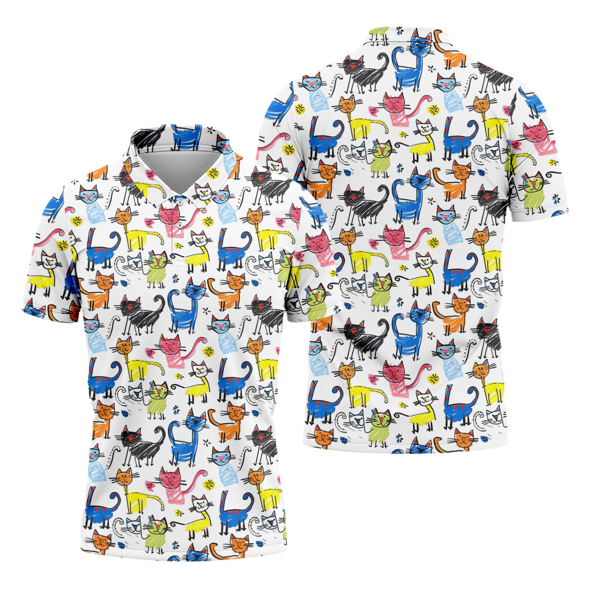 Cartoon Cat Golf Shirt, Colorful Doodle Cat Pattern, Polo Shirts For Men