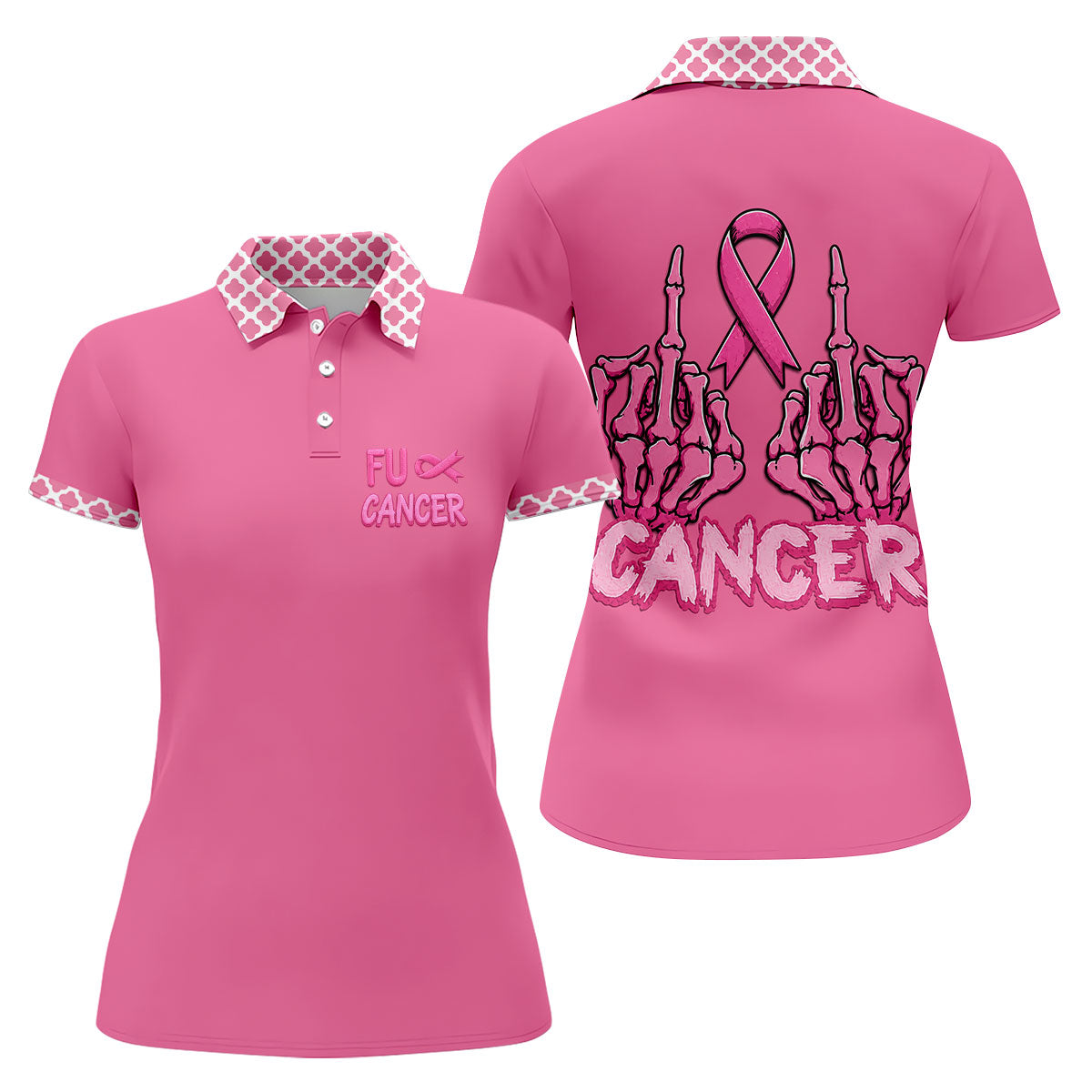Pink F Cancer Skeleton Middle Finger Breast Cancer Polo Shirt, Ladies Golf Tops, Women’s Golf Polo