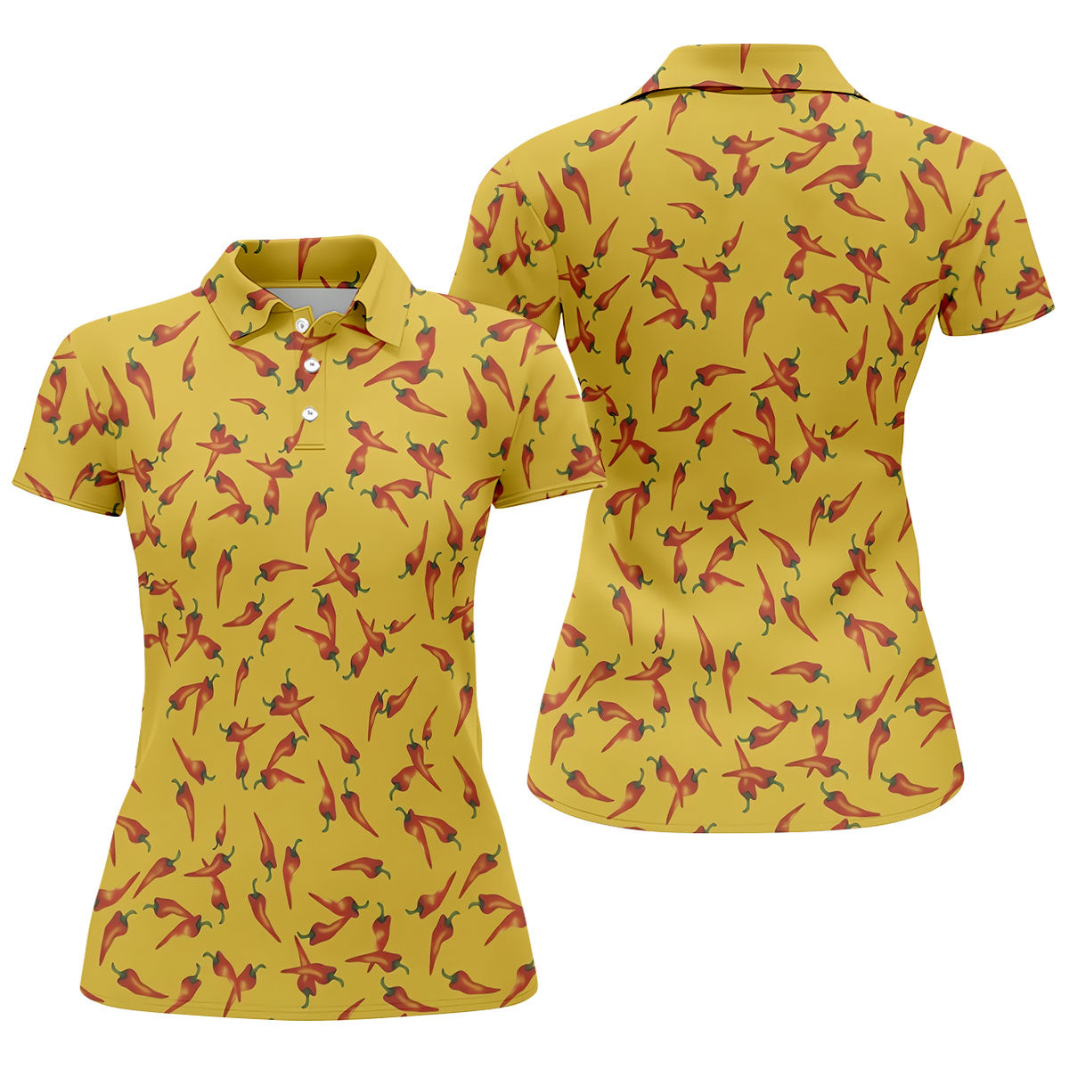 Red Chilli Yellow Hawaiian Golf Shirt, Summer Vibe Ladies Golf Tops, Golf Shirt For Women