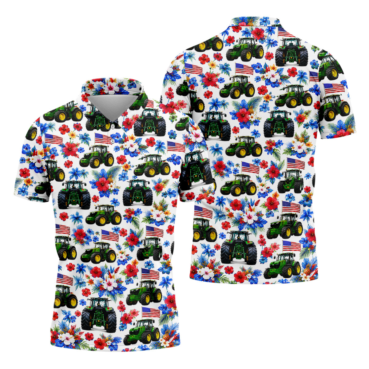 American Tractor Golf Shirt, Patriotic Wildflower Country Farm Pattern, Golf Shirt For Men