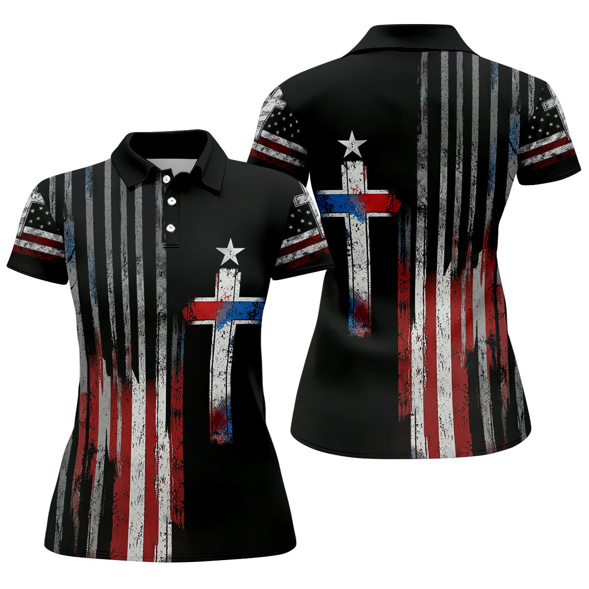 Faith Cross US Flag Golf Shirt, 250 Years Retro Golf Shirt, Patriotic 4th Of July Women's Golf Tops