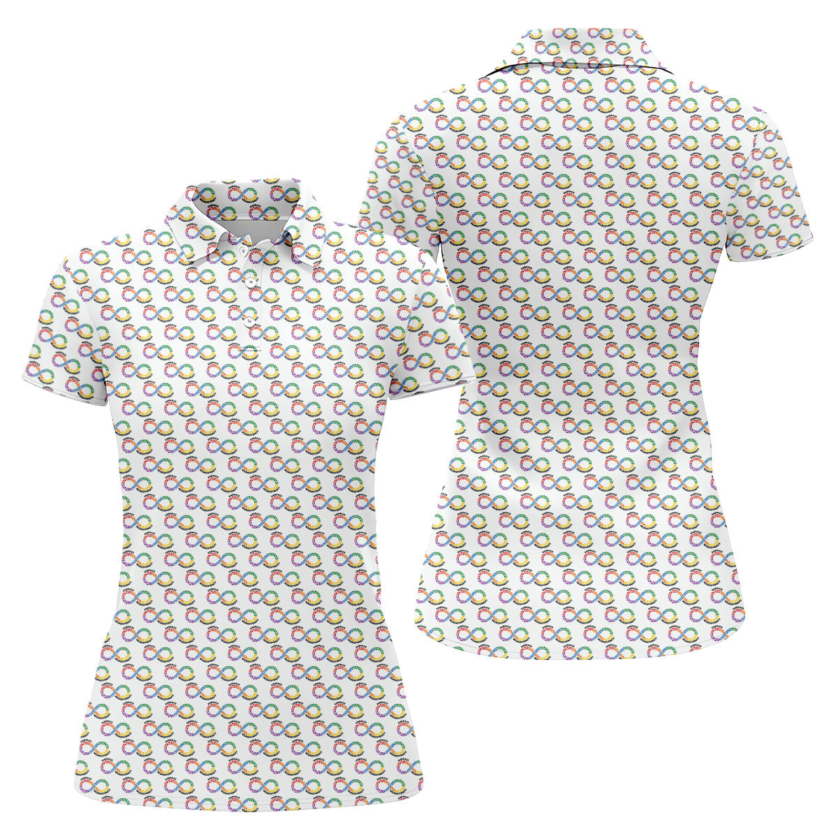 Embrace Neurodiversity Rainbow Infinity Symbol Autism Awareness White Golf Shirt, Women's Golf Tops