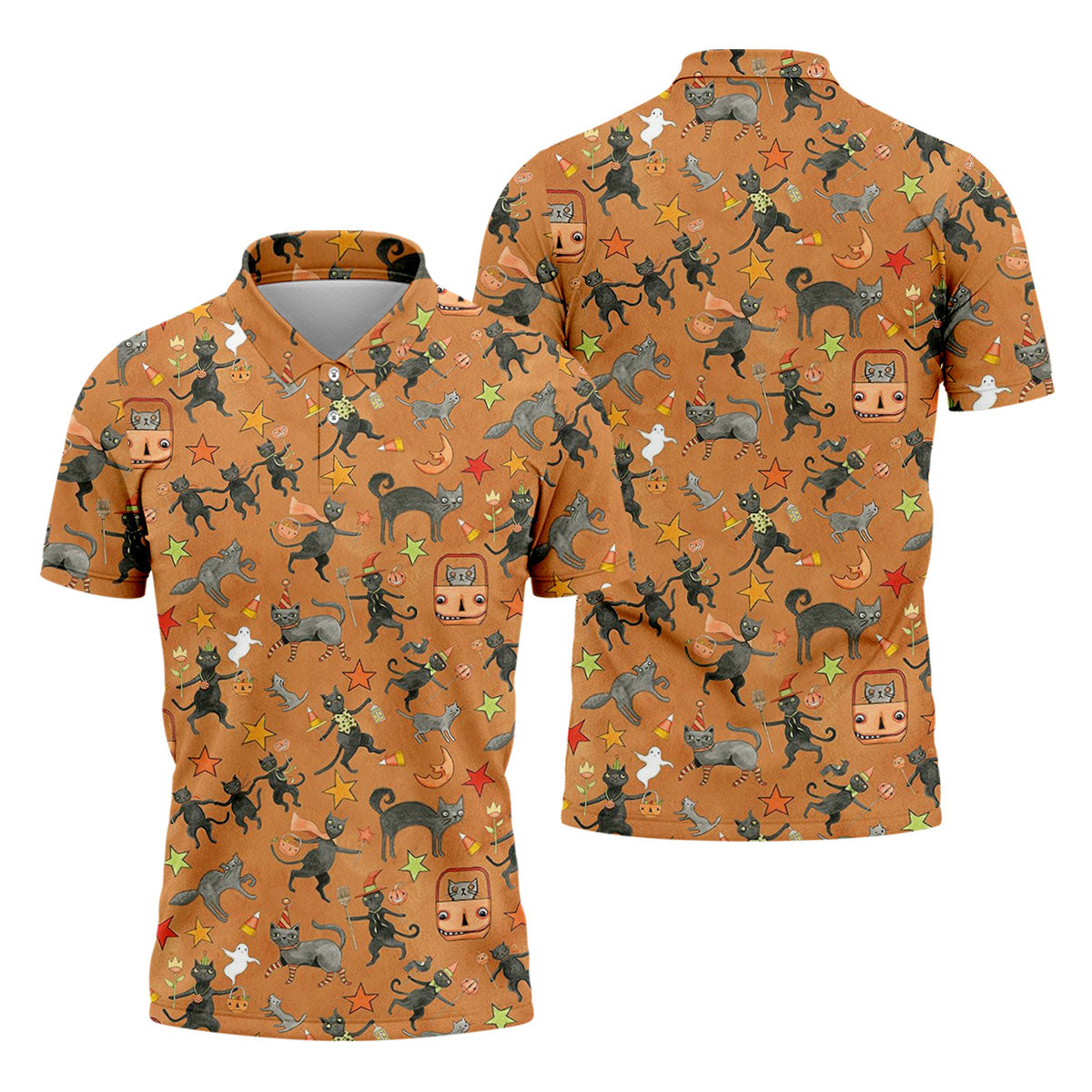 Vintage Black Cat Halloween Pattern Polo Shirt, Mens Golf Polo, Golf Apparel For Men