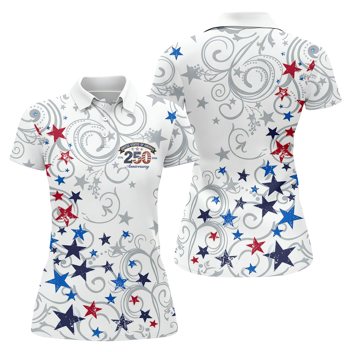 United States Of America 250 Anniversary Patriotic 4th Of July Golf Shirt, Red Blue Stars Golf Shirt For Women