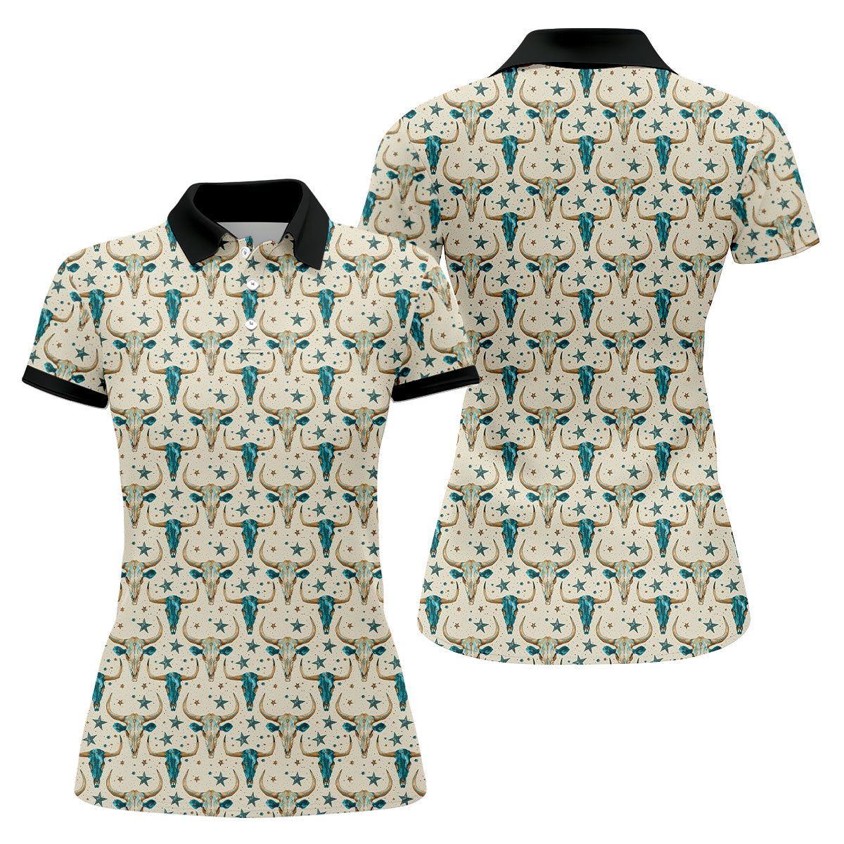 Cow Skulls Turquoise And Beige Western Theme Women Golf Top, Ladies Golf Shirts, Golf Shirt For Women