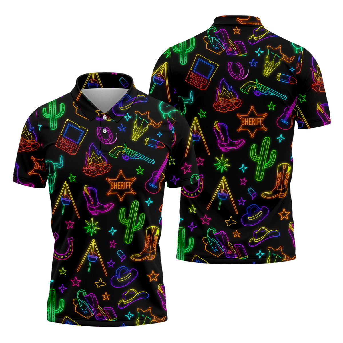 Neon Western Cowboy Pattern Golf Polo Shirt, Men's Golf Polo, Hawaiian Golf Shirt